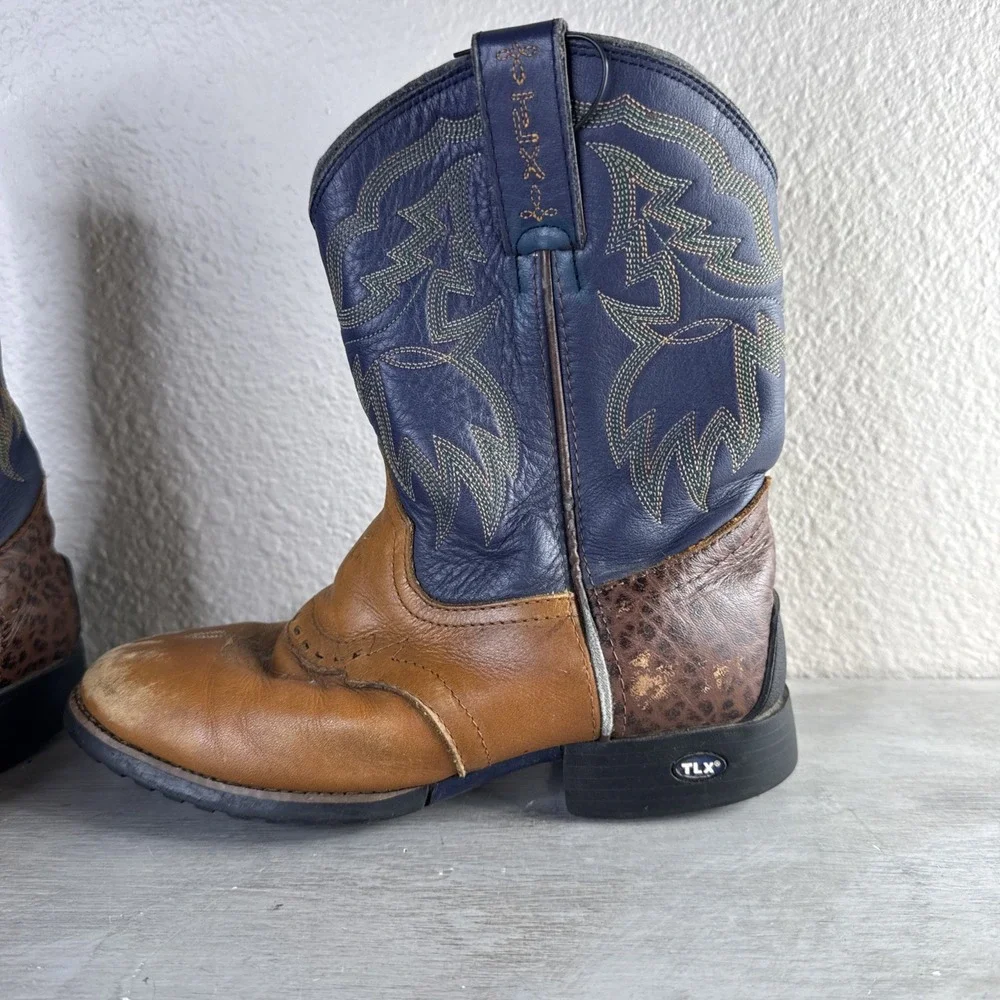 Tony Lama Mid Calf Brown/Navy  Embroidered TLX Western Cowboy Kids 1.5